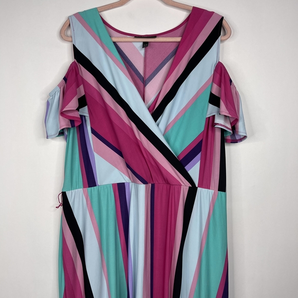 2/$30 Lane Bryant Faux Wrap Cold Shoulder Midi High Low Dress 18/20 Multi #7130 - Picture 6 of 16